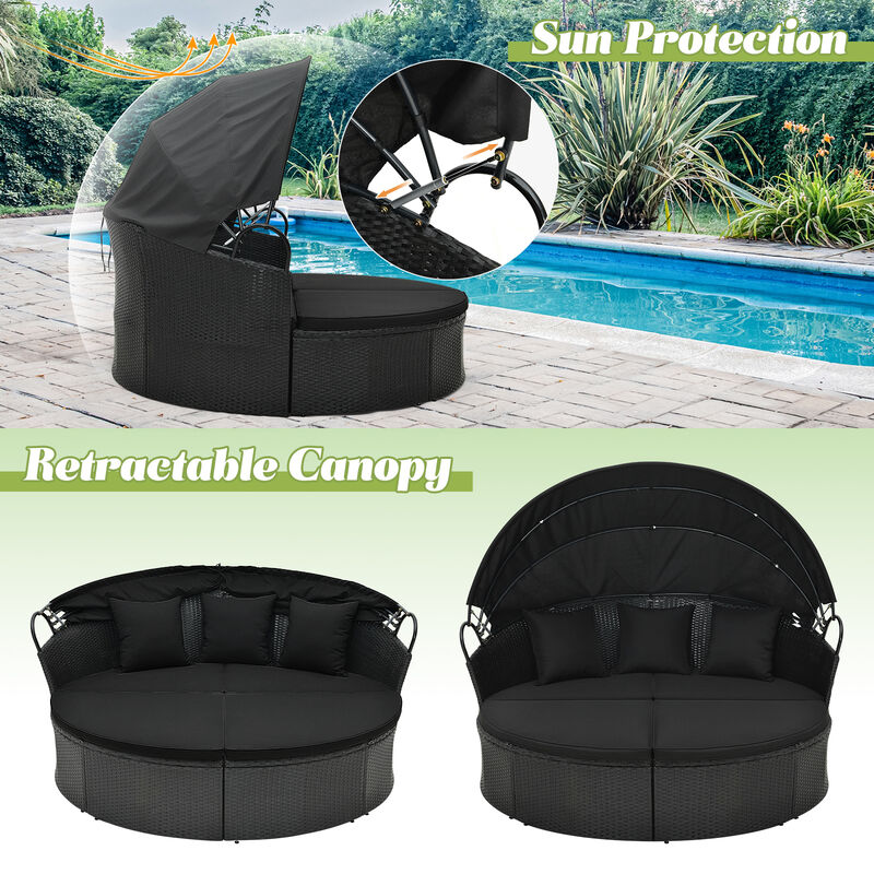 Clamshell Patio Round Daybed Wicker with Retractable Canopy and Pillows