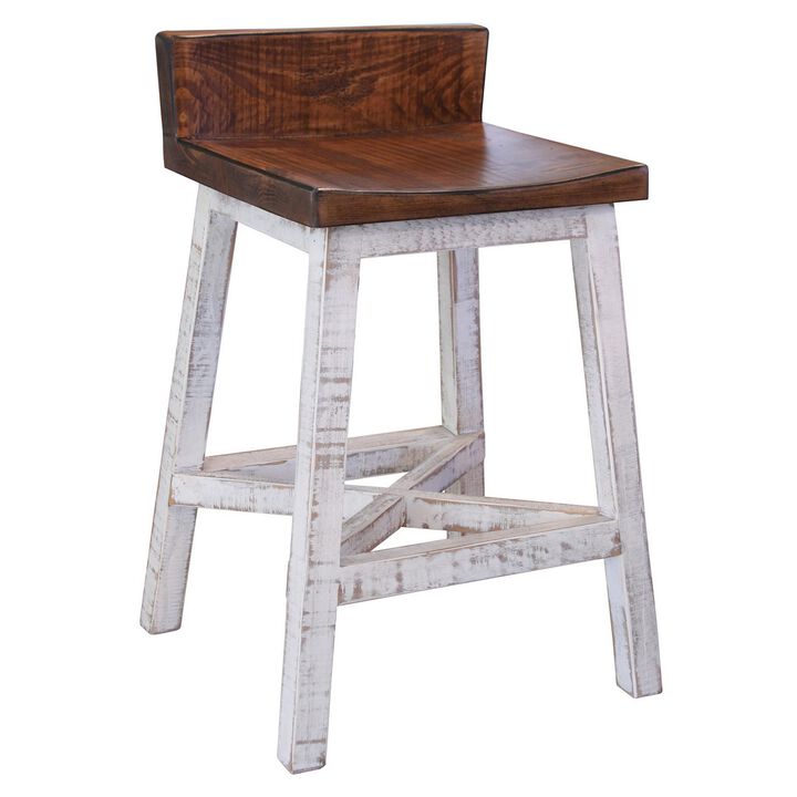 Ata 24 Inch Counter Height Stool, Lacquer Finish, Pine Wood, Brown, White-Benzara