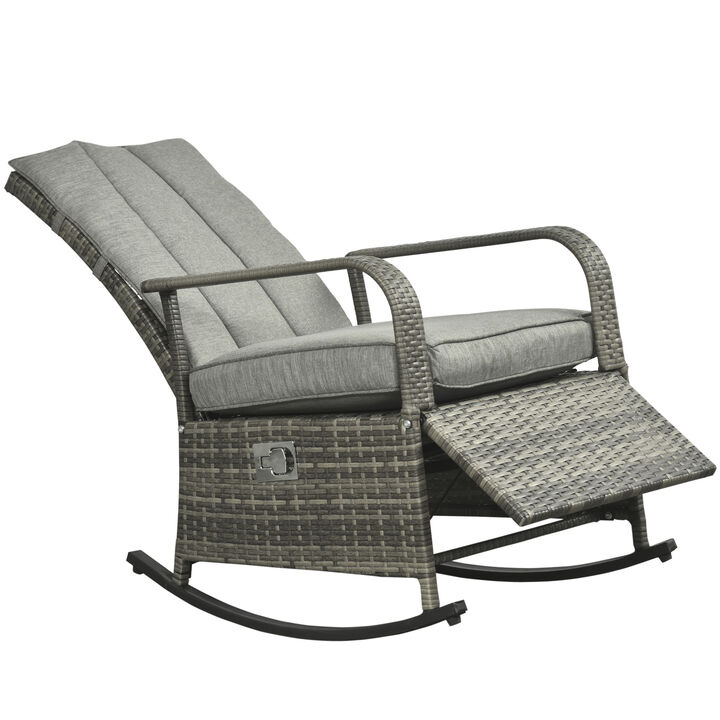 Outsunny Outdoor Rattan Rocking Chair Patio Recliner with Soft Cushions, Adjustable Footrest, Max. 135 Degree Backrest, PE Wicker, Gray