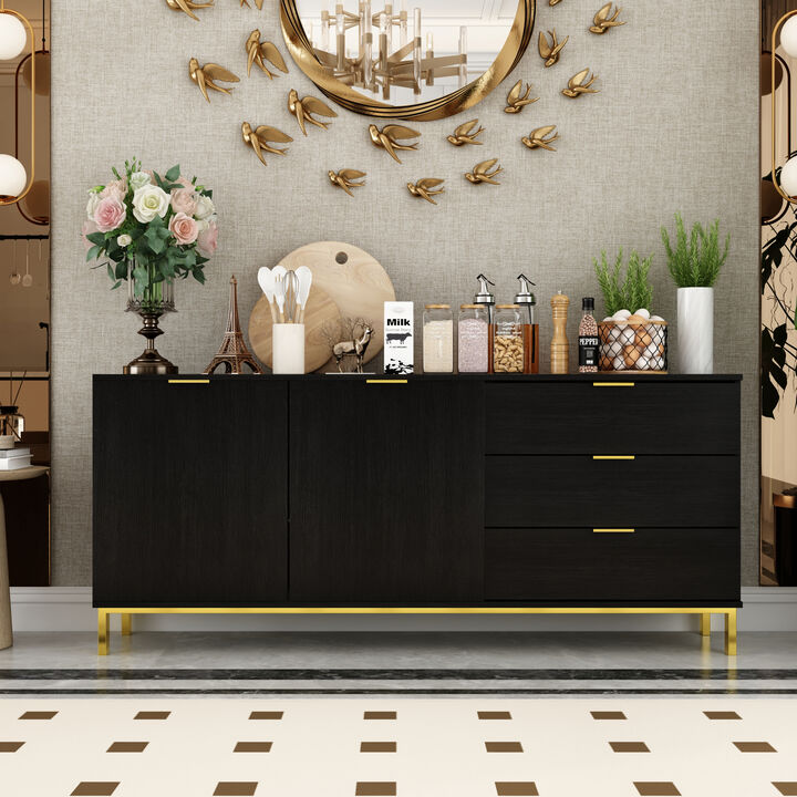 Sideboard Buffet Cabinet with 3 Drawers & 2 Doors for Kitchen, Entryway Cupboard with Gold Metal Legs, Black (62.9" L x 15.7" W x 27.5" H)