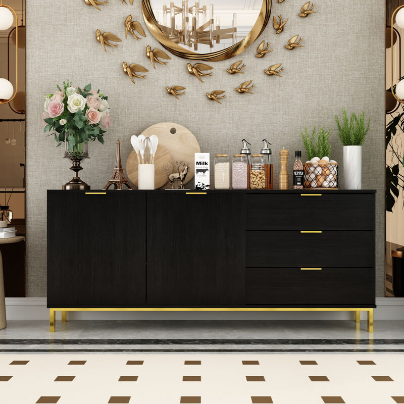 Sideboard Buffet Cabinet with 3 Drawers & 2 Doors for Kitchen, Entryway Cupboard with Gold Metal Legs, Black (62.9" L x 15.7" W x 27.5" H)