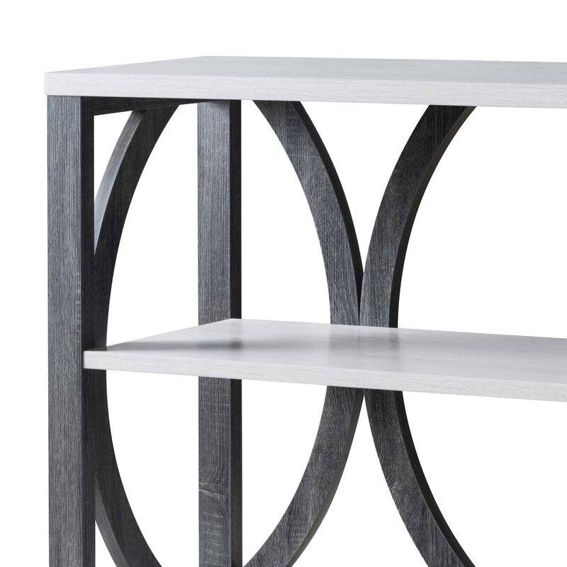 2 Tier Wooden Frame Console Table, Multiple Oval Designs, White Oak, Distressed Gray-Benzara