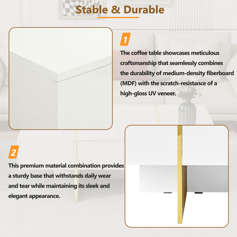 Clihome 47.2'' x 31.4''Minimalist High Gloss Coffee Table with 2 Drawers, Multi-Storage Rectangle Sofa Table with Golden Wood Grain Legs, Modern Center Table for Living Room