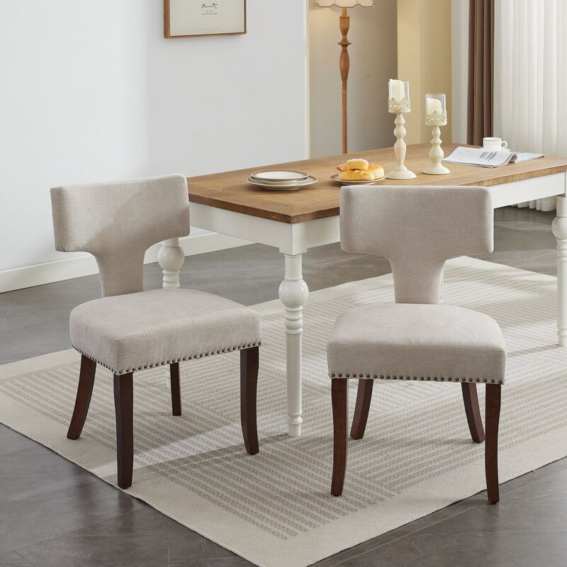 Whisen Set of 2 Mid Century Modern Dining Chairs, Linen Upholstered Curved Back Accent Chairs with Hardwood Frame & Copper Nails for Kitchen image number 5