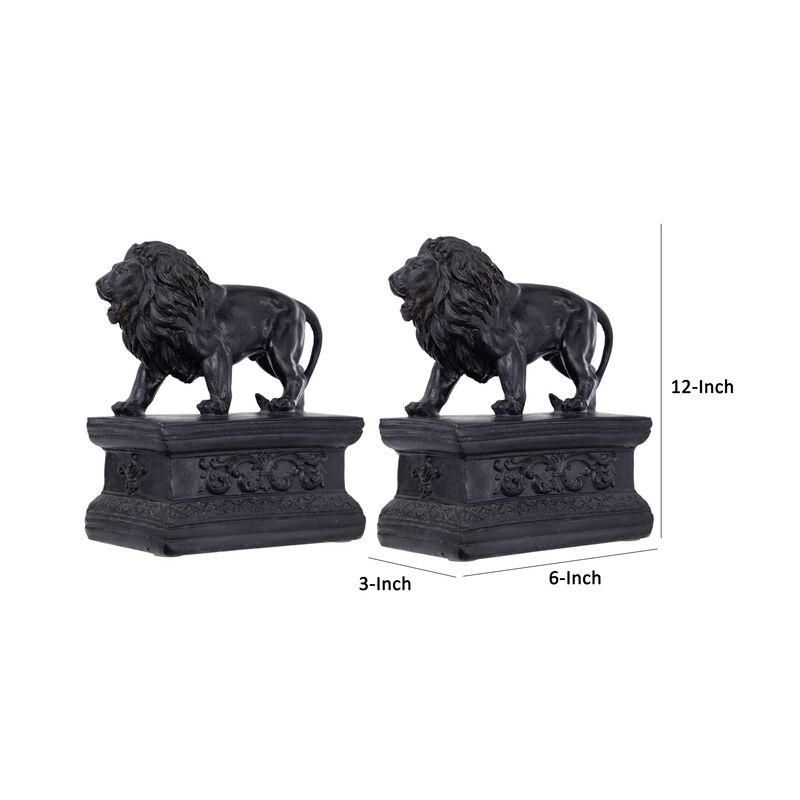 Ari Set of 2 Classic Bookends, Lion Statuette Figurines, Glossy Black Resin - Benzara