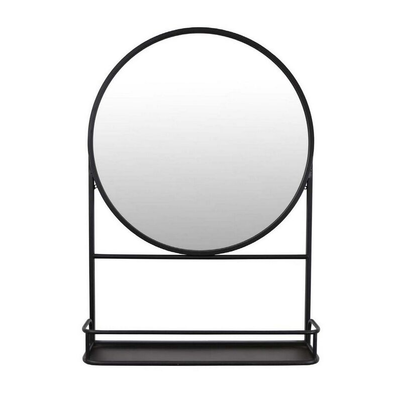 Feno Decorative Wall Mirror, 28 Inch Round Black Metal Frame w Rack