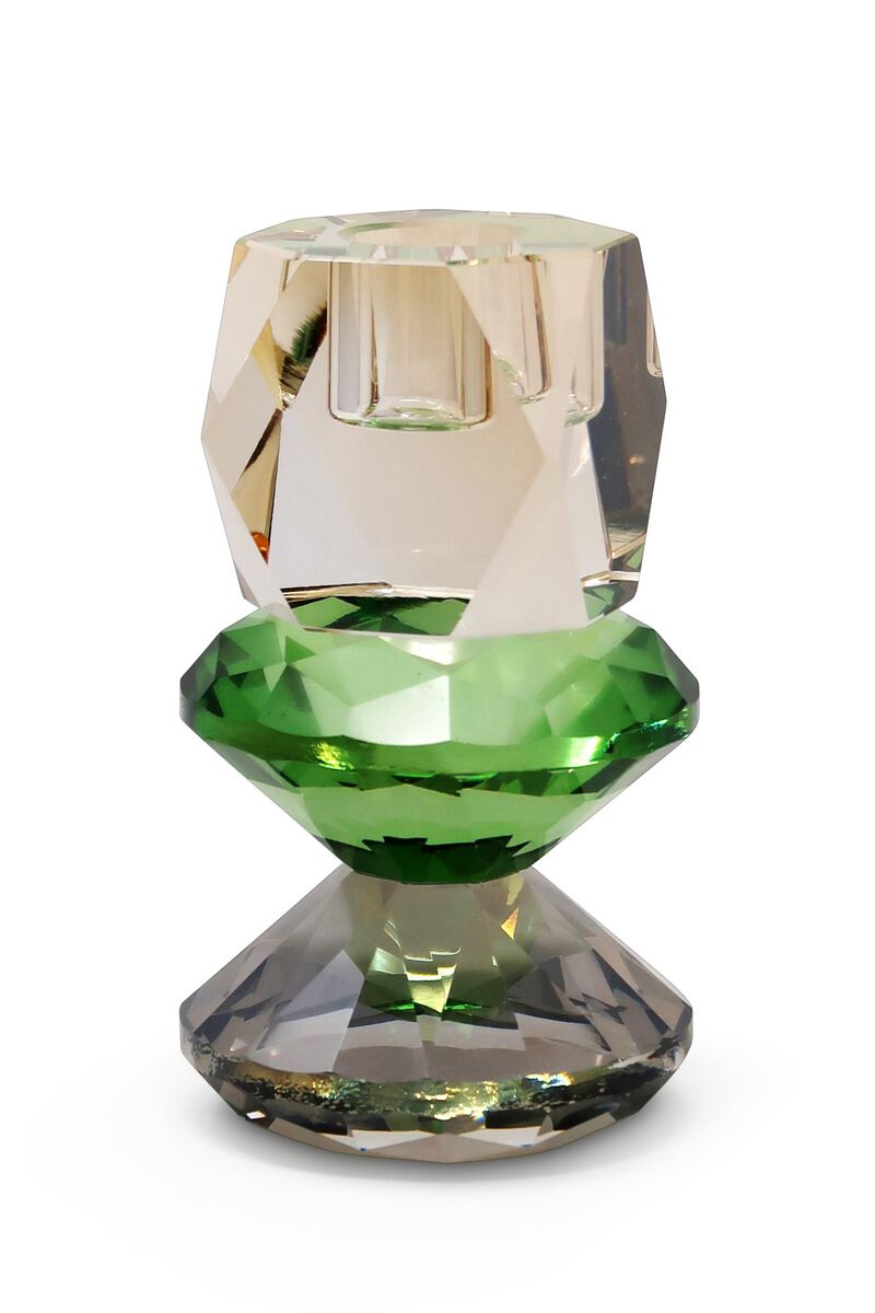 HomeRoots 5" Amber Green And Smoky Black Faceted Crystal Tabletop Taper Candlestick image number 0
