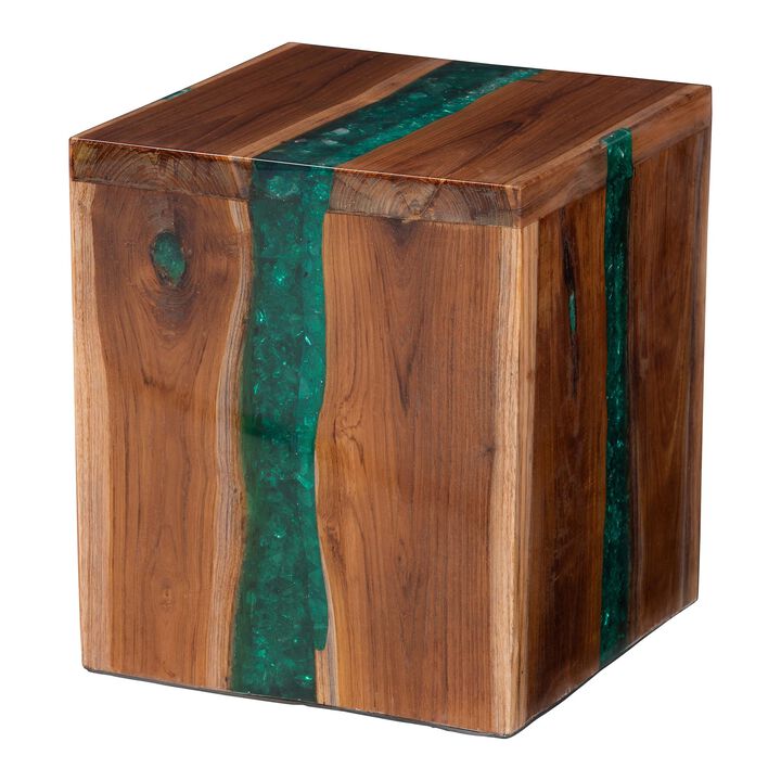 bali & pari Anan Teak Wood Epoxy Resin End Table - Live Edge Cube Side Table, Handcrafted Modern Rustic Accent Table for Living Room or Bedroom, Cube