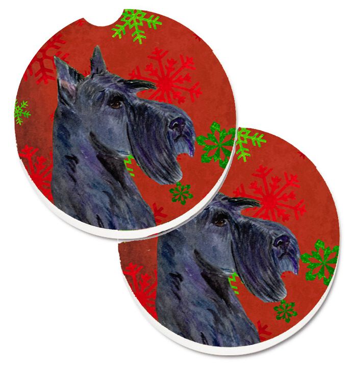 Caroline's Treasures Scottish Terrier Red & green Snowflakes Holiday Christmas Set of 2 Cup Holder Car Coasters SS4736CARC, 2.56, Multicolor