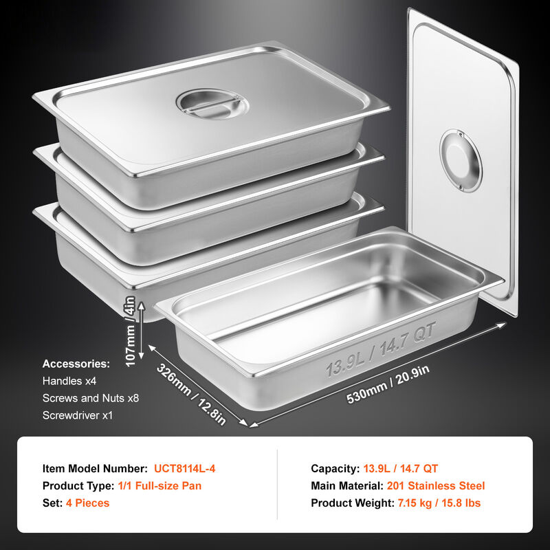 VEVOR 4 Pack Full Size Hotel Pans Steam Table Pan Stainless Steel 4" Deep Lid