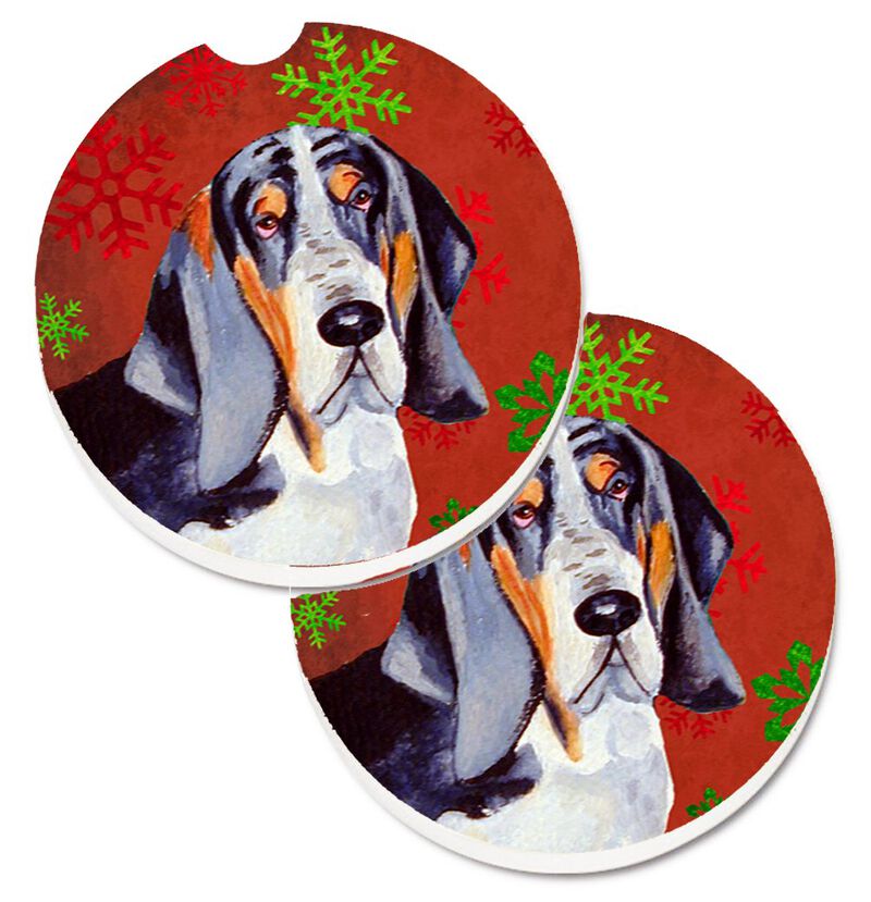 Caroline's Treasures Basset Hound Red & green Snowflakes Holiday Christmas Set of 2 Cup Holder Car Coasters LH9327CARC, 2.56, Multicolor image number 0