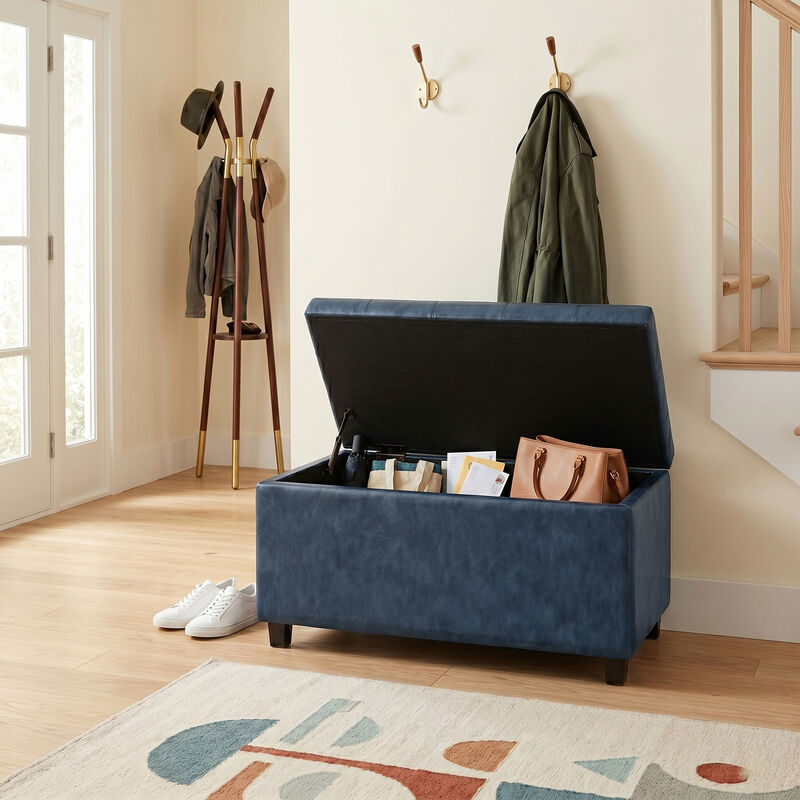 Cosmopolitan 34 inch Wide Contemporary Rectangle Storage Ottoman in Denim Blue Vegan Faux Leather, Assembled image number 2