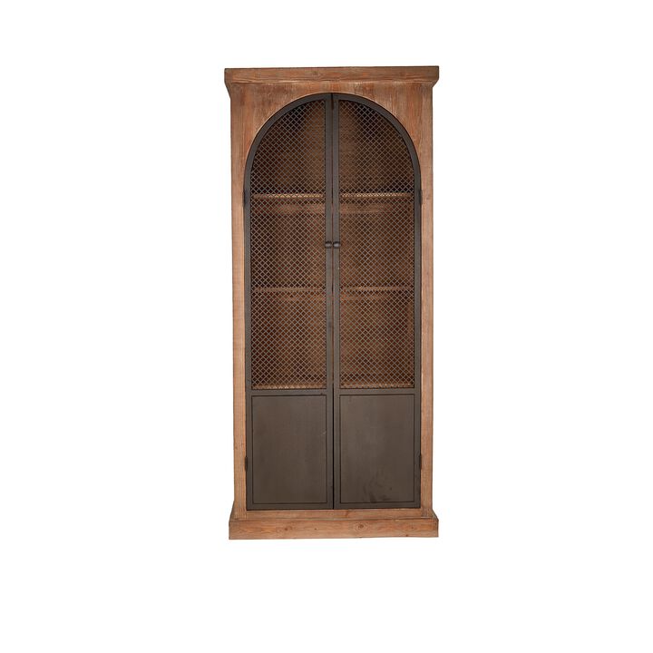 Ary Curio Cabinet, Arch Iron Mesh Door, 93 Inch Tall, Brown Pine Wood