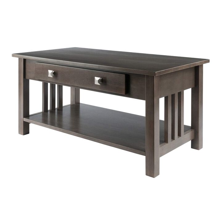 Ergode Wood Stafford Coffee Table | Oyster Gray Finish | Slatted Side Panels | Full-Size Drawer | Lower Shelf | Solid & Composite Wood (16040-VV)