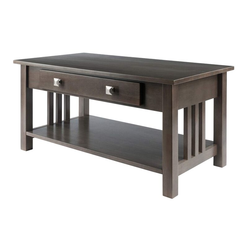 Ergode Wood Stafford Coffee Table | Oyster Gray Finish | Slatted Side Panels | Full-Size Drawer | Lower Shelf | Solid & Composite Wood (16040-VV)