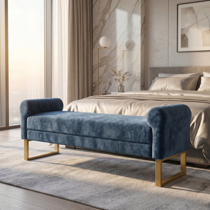 Envelor 65 in. Chenille Upholstered Ottoman Bench with Arms and Gold Legs image number 5