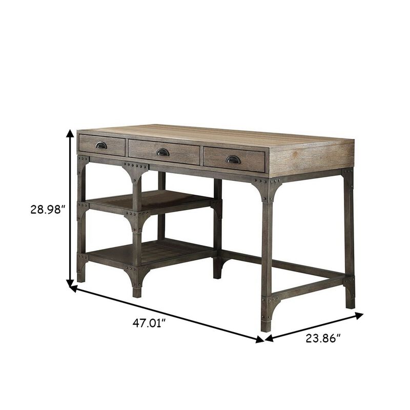 Wood And Metal Desk With Three Drawers And Two Side Shelves, Oak Brown And Gray-Benzara
