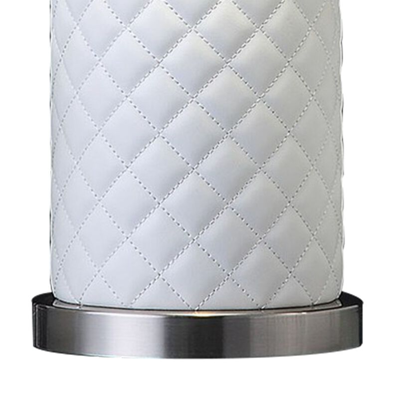 Aria 21 Inch Table Lamp, Round, Dome Shade, Dark Silver, White Faux Leather-Benzara
