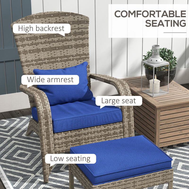 Outsunny Patio Wicker Adirondack Chair with Ottoman, Outdoor Fire Pit Chair with Cushions, High-Back, Large Seat & Armrests for Deck, Garden & Backyard, Dark Blue