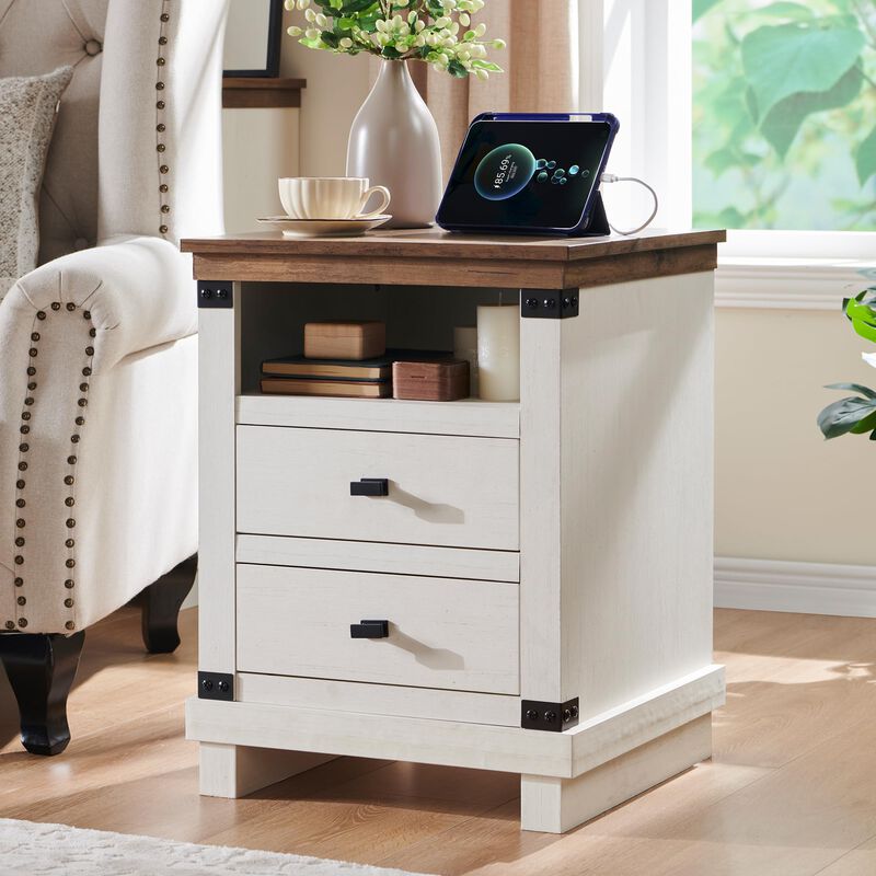 Rustic Nightstand with Charging Station, 18" End Table, 2 Drawers, USB & AC Ports image number 1