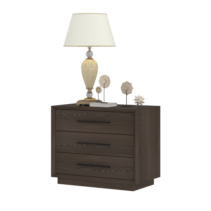 FUFU&GAGA 3-Drawer Nightstand with Black Metal Handles, Deep Brown Woodgrain Finish (31.5"W x 17.7"D x 23.6"H), Dark Brown