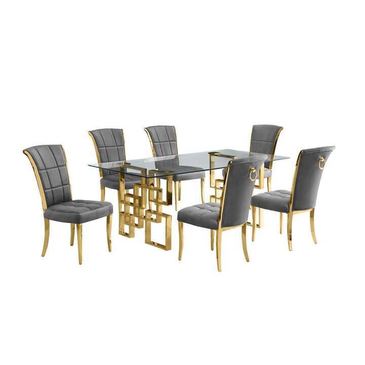 7-piece glam dining set with 6 dark grey chairs and a 79" long glass  table