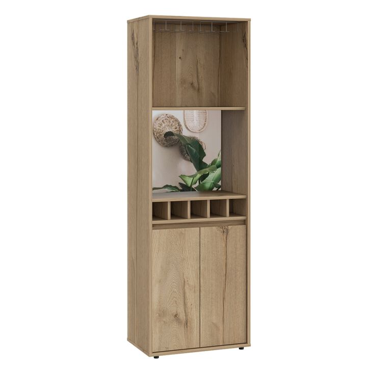 Prana Bar Cabinet, Two Shelves, Five Built-in Wine Rack, Double Door -Light Oak