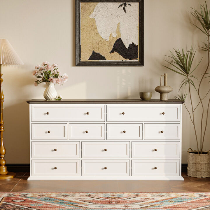 12-Drawer White Wood Dresser Storage Cabinet Vintage Style 31.5 in. H x 61 in. W x 15.7 in. D