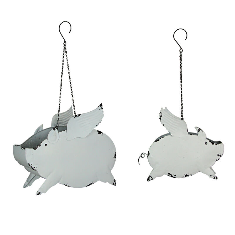 Metal Distressed White Flying Pig Hanging Planter Set Large & Small Flower Pots image number 0