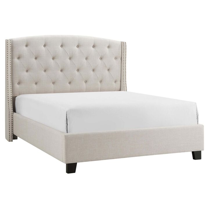 Elle Queen Size Bed, Low Profile, Ivory Button Tufted Upholstered Headboard - Benzara