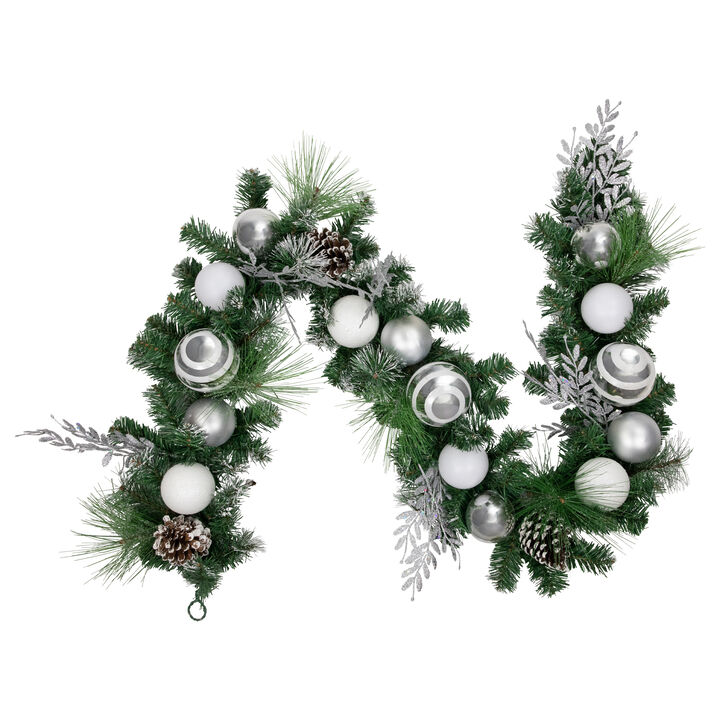6' Green Pine Needle Garland with Pinecones and Striped Christmas Ornaments  Unlit