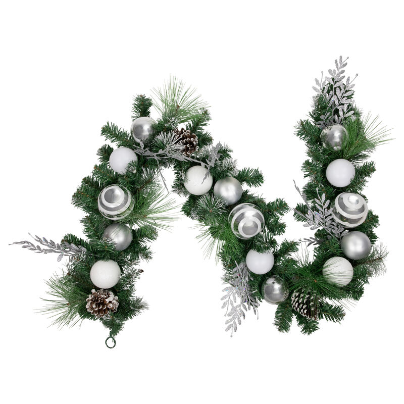 6' Green Pine Needle Garland with Pinecones and Striped Christmas Ornaments  Unlit image number 0