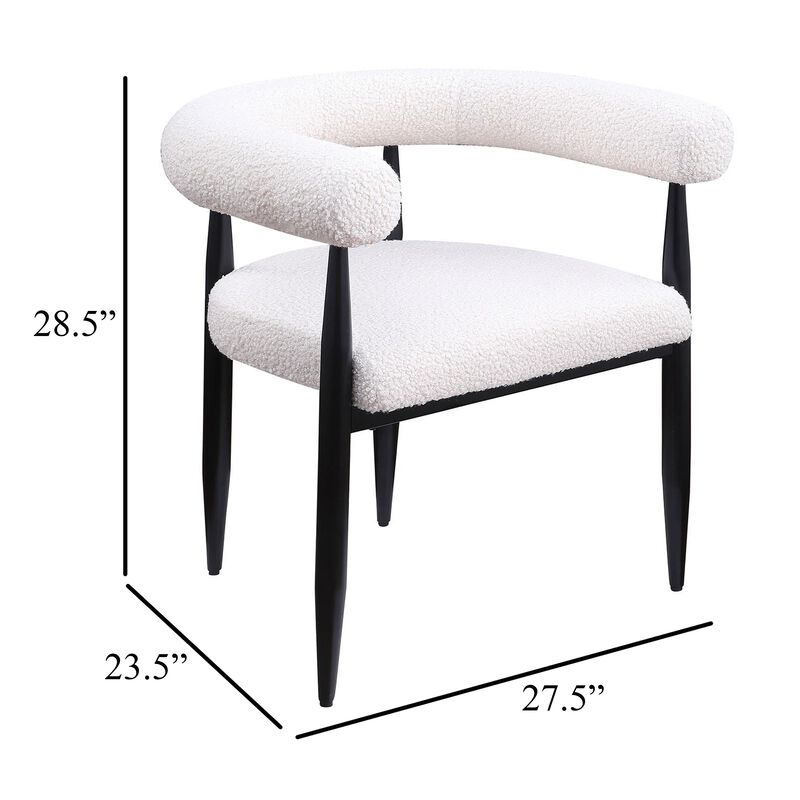Noris Dining Chair Set of 2, White Fabric C-Shaped Back, Black Metal - Benzara