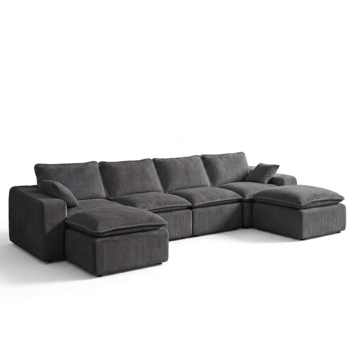 Vipbear 137" U-Shape Modular Sectional Sofa, Corduroy Cloud Couch with Boneless Design, 6-Seater
