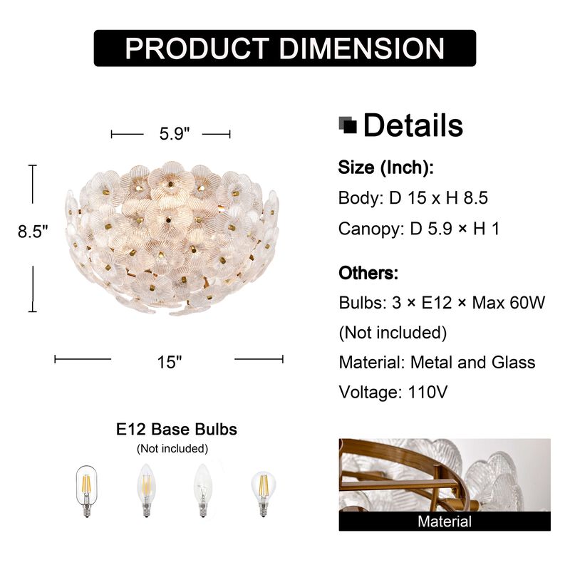 Aika 3-Light 15" Clear Glass Floral Flush Mount - Medium‑gloss Brushed Brass image number 2