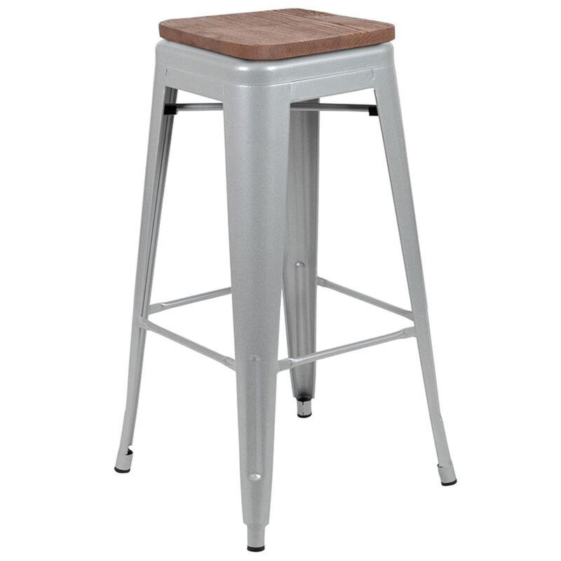 Flash Furniture Lily 30" High Metal Indoor Bar Stool with Wood Seat in Silver - Stackable Set of 4