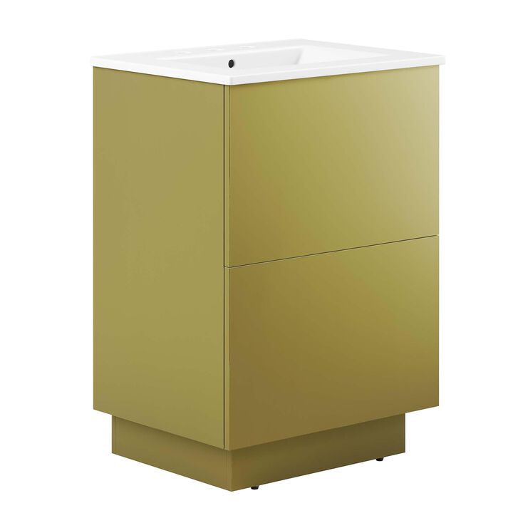 Modway Quantum Modern 24" Bathroom Vanity in White Gold with Ceramic Sink Basin and Storage Drawer