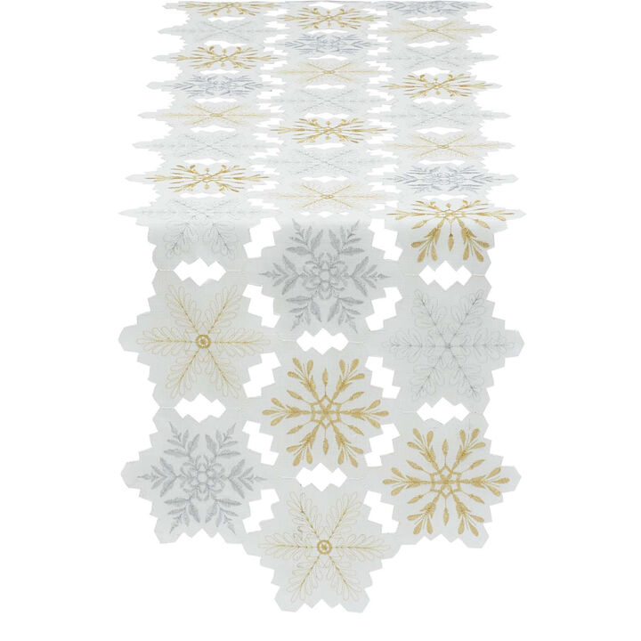 54" White and Gold Colored Embellished Snowflakes Table Runner