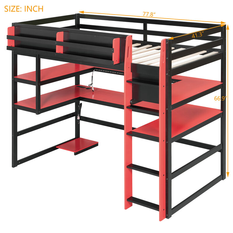 Merax Gaming Wood Loft Bed with RGB LED, USB Ports & Storage Rack image number 3