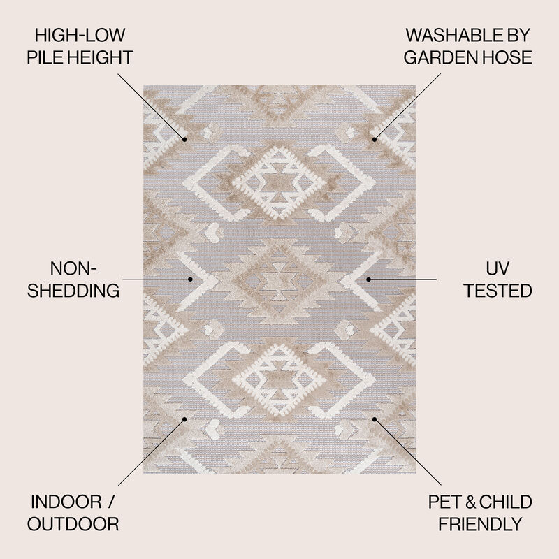 Sumak High-Low Pile Neutral Diamond Kilim Area Rug