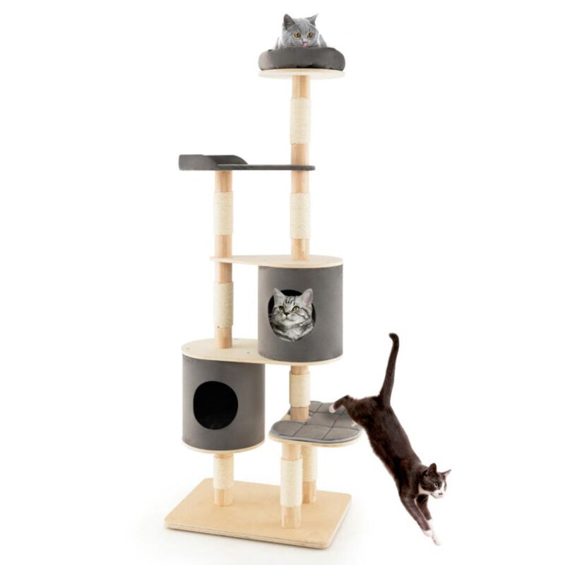 Hivvago 6-Tier Wooden Cat Tree with 2 Removeable Condos Platforms and Perch
