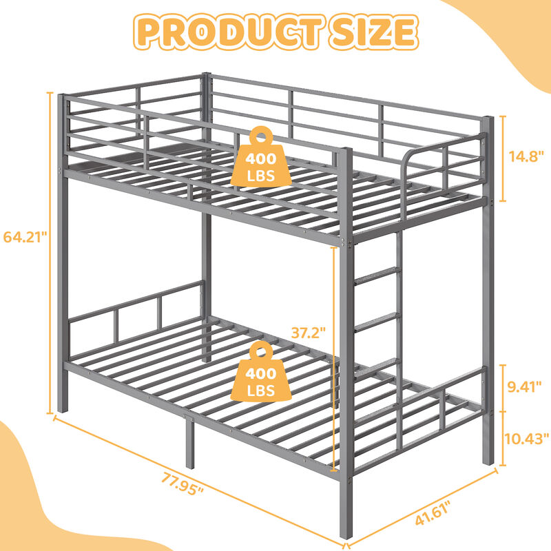 Square Tube Bunk Bed with High Guardrails & Side Ladder &ndash; Strong Iron Frame image number 4