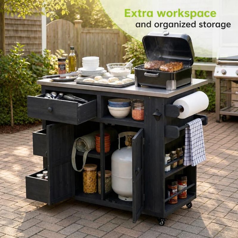 ELEMENT ACE Extendable Solid Wood Outdoor Kitchen Island Grill Table With Storage Drawers Spice Rack For Backyard BBQ And Meal Prep image number 4