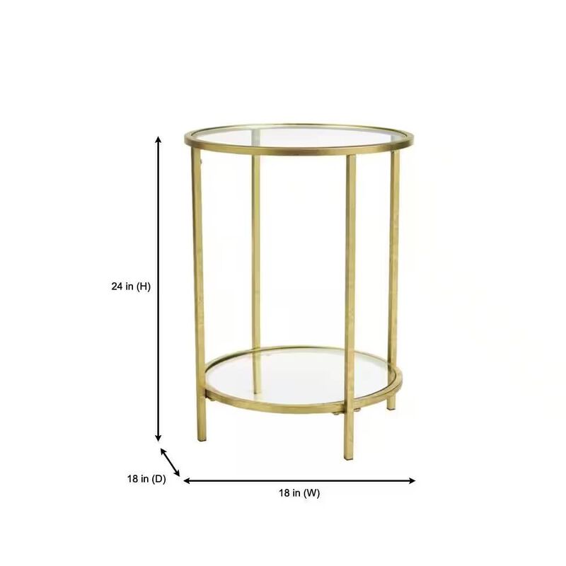 Hivvago Round Accent Side Table Gold Metal Glass Top Bottom Shelf End Table