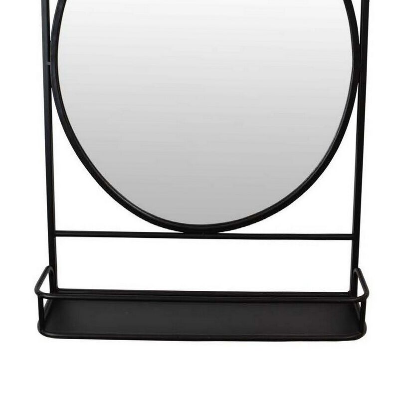 Feno Decorative Wall Mirror w Rack, 30 Inch Round Black Metal Frame