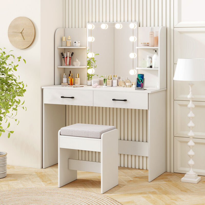 Vanity Set with Lighted Mirror and Stool with Power Outlet