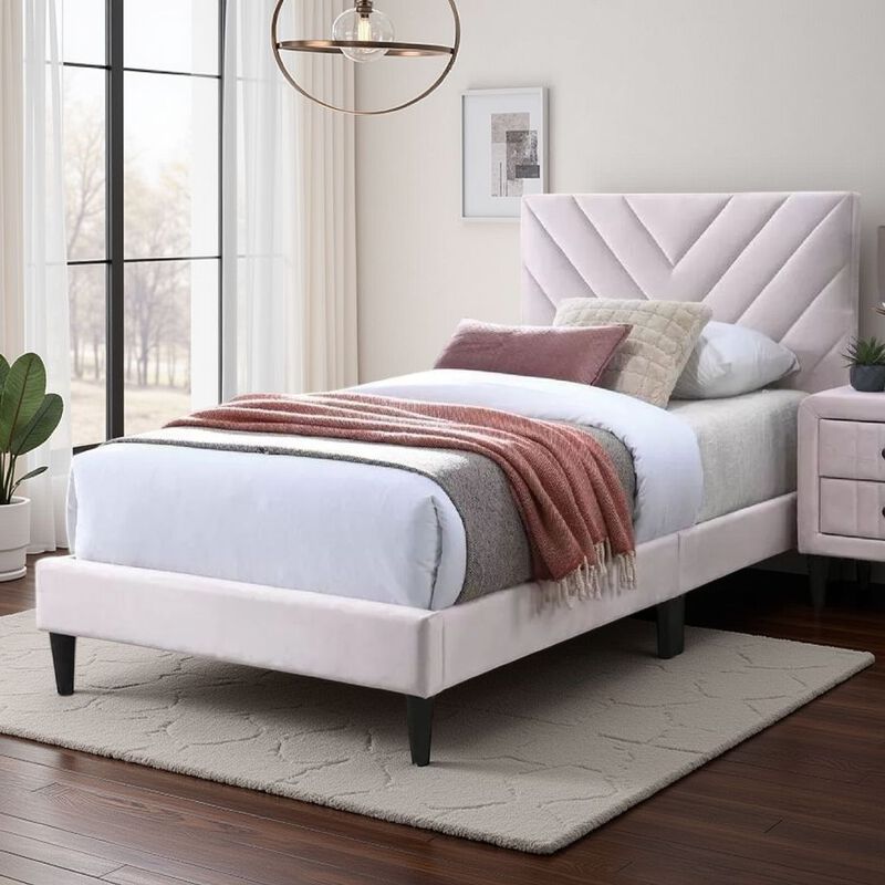 Lilian Full Bed, Tufted Light Pink Velvet Upholstery, Chevron Stitch - Benzara