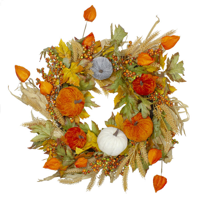 Velvet Pumpkins and Wheat Artificial Fall Harvest Wreath - 24-Inch  Unlit