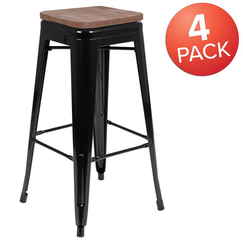 Flash Furniture Lily 30" High Metal Indoor Bar Stool with Wood Seat in Black - Stackable Set of 4