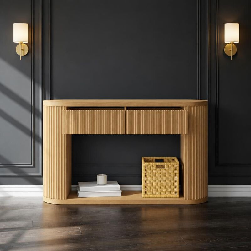 GOODSILO Oval Fluted Console Table with 2 Drawers & Bottom Shelf, Wood Entryway Table with Metal Slides for Living Room Entryway image number 3